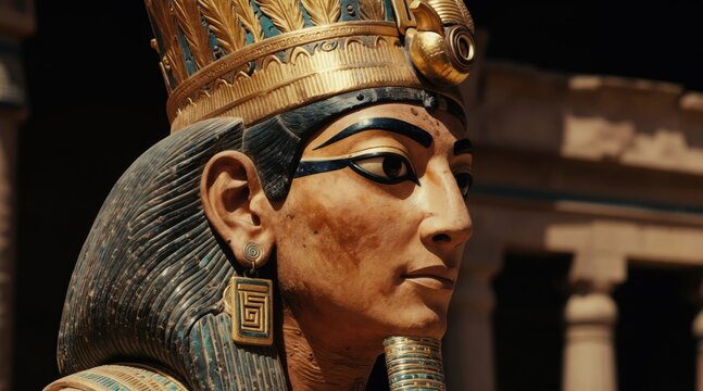 Ancient Egyptian pharaoh statue profile with ornate gold headdress. Detailed face with kohl eyeliner. Royal figure wears traditional Egyptian royal regalia.
