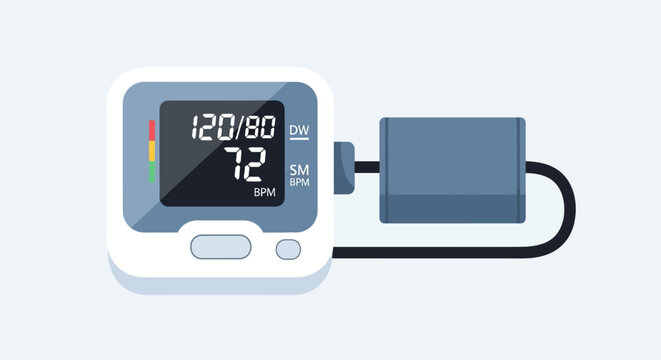Digital blood pressure monitor displaying readings for systolic, diastolic, and pulse.