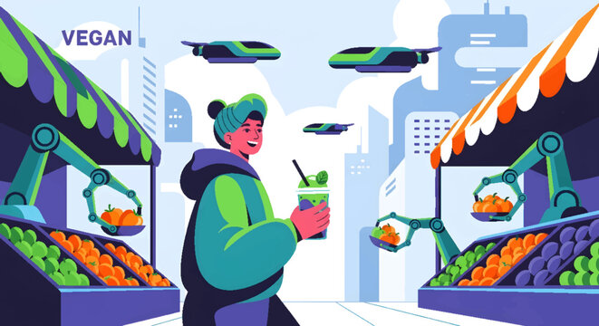 Futuristic vegan market with drones and robotic arms delivering fresh produce to customers in a modern city