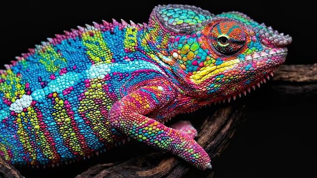 Vibrant Colorful Panther Chameleon on Branch with Stunning Rainbow Scale Detail