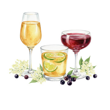 Watercolor illustration of glassware with golden elderflower cordial and red elderberry juice among white blossoms on a white background. Botanical harvest theme