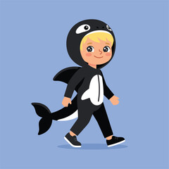 Adorable Young Child Dressed in Cute Orca Whale Costume Walking Happily.