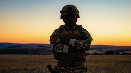 Naklejka premium Soldier stands in field arms crossed at sunset. Camouflaged military personnel in tactical gear looks vigilant. He prepares for duty on horizon.
