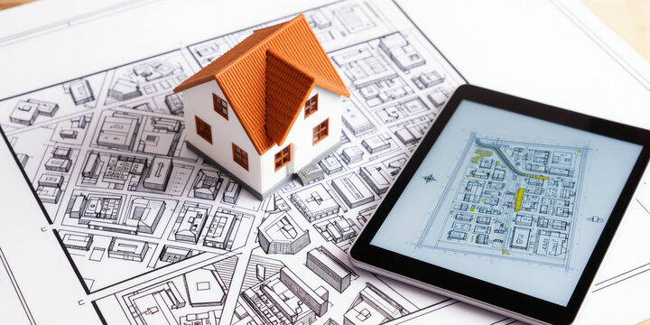 House model sits on cadastral map next to tablet displaying urban plan. Shows building permits, land plots, and real estate planning. Site analysis for construction.