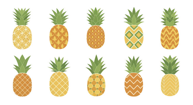 Collection of vibrant pineapples with diverse patterns and textures.