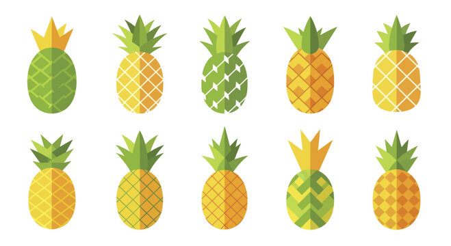 Collection of vibrant tropical pineapples in various styles and colors.