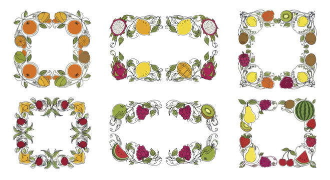 Collection of vibrant hand-drawn fruit frames and borders, perfect for various design projects.