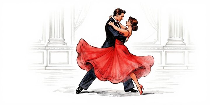 Elegant couple dances ballroom tango. Man in tuxedo and woman in flowing red dress move with grace and passion. They share an intimate connection during performance.