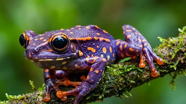 Vibrant Purple and Orange Exotic Tree Frog Perched on Mossy Branch in Tropical Rainforest