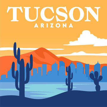 Beautiful view and silhouette of cactus trees in Tucson, Arizona