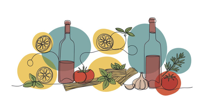 Continuous Line Art Drawing of Italian Food and Wine Ingredients.
