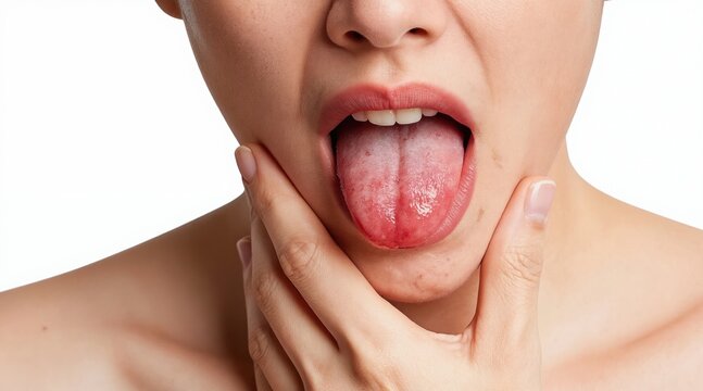 Woman shows red sore tongue due to glossitis inflammation. Burning mouth sensation, pain, discomfort from spicy food consumption allergies. Oral health issue, dental problem, medical condition