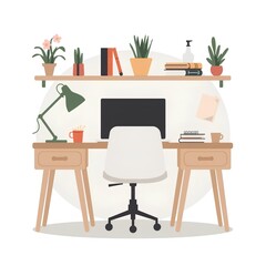 Fototapeta premium Cozy Home Office Desk with Plants Bookshelf Computer and Green Lamp Flat Illustration