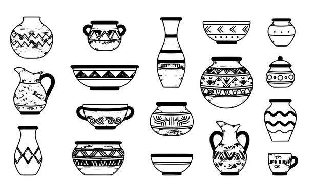 Decorative clay pottery vector set with ethnic patterned pots vases and bowls isolated on white background