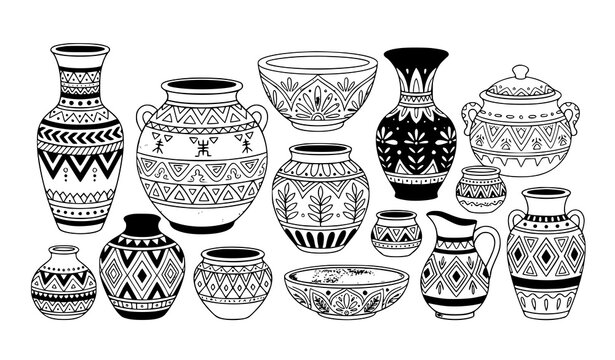 Handcrafted clay pots and vases vector set with ethnic patterns and geometric designs isolated on white background