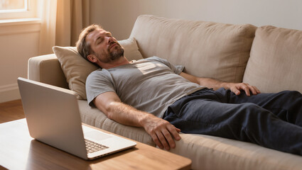 Fototapeta premium tired man lying on couch with laptop at home, exhausted remote worker resting on sofa after work, fatigue burnout stress concept