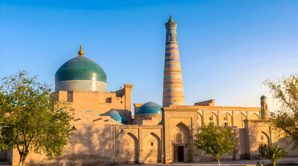 Uzbekistan Islamic architecture with turquoise domes and patterned minaret © erna