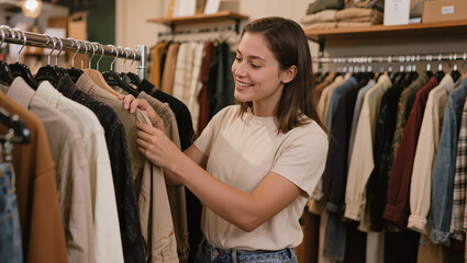 Fototapeta premium woman shopping in clothing store browsing rack, retail fashion boutique customer concept, casual apparel shopping lifestyle