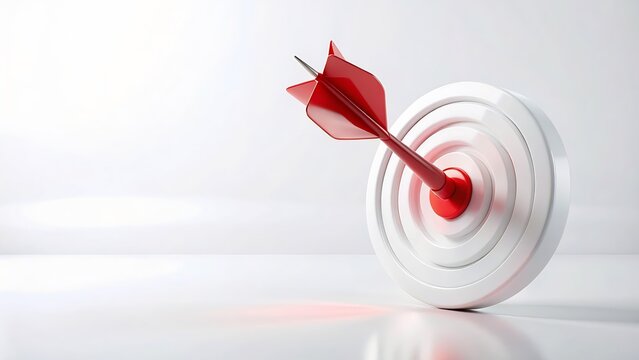 Abstract 3D rendering of a crimson dart hitting the center of a glossy white bullseye, symbolizing precision in corporate marketing strategy and achieving high-performance business objectives.