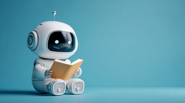 Cute futuristic humanoid robot reading an open book on blue background, artificial intelligence learning concept with deep learning, machine learning, education technology, smart automation and digita