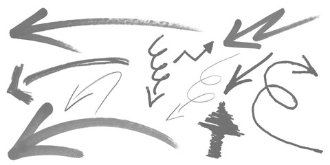 Fototapeta premium Grey hand-drawn arrows and abstract marks as PNG cutout