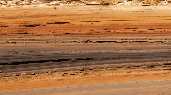 Earthy toned abstract geological layers show sedimentary patterns. Natural rock formations create textured background. Layers have brown orange grey hues. Earths strata form graphic design.