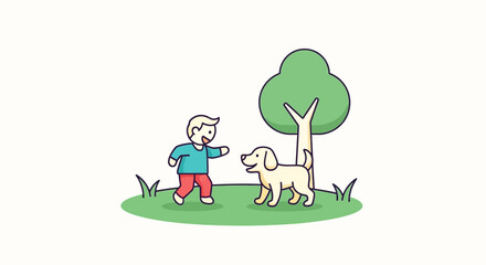 Obraz premium Boy Walking Dog on Leash Outdoors.