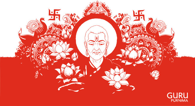 Guru Purnima Celebration: Indian Spiritual Teacher, Lotus Flowers, Peacock, Swastika Symbols