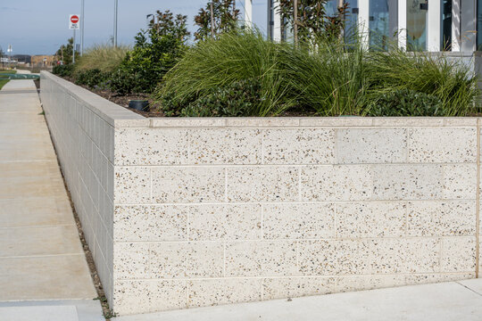 A contemporary retaining wall made from textured, speckled concrete blocks, serves as a large planter box for ornamental grasses and shrubs, bordering a smooth concrete pedestrian walkway in Australia