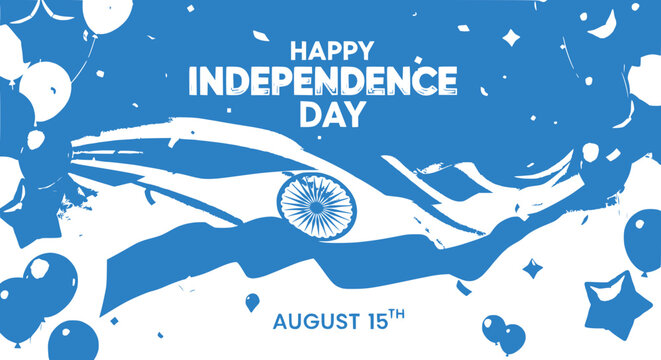 Happy Independence Day India August 15th, Blue Flag, Balloons, Confetti