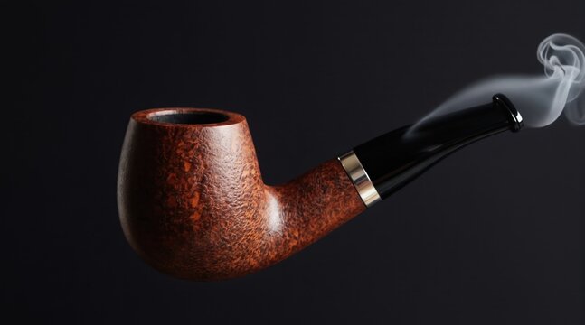 Classic wood smoking pipe with white smoke trail against dark background. Object has detailed texture and metal ring accent. Represents tobacco use, vintage style, and potential health risks.