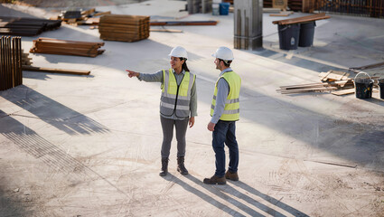 Fototapeta premium construction managers discussing project on active building site, engineering supervision and contractor inspection at commercial construction area