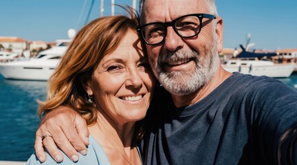 Obraz premium Smiling senior couple takes selfie with smartphone. They stand on yacht near marina. Man and woman enjoy holiday vacation together with ocean background. Mature love and happiness.
