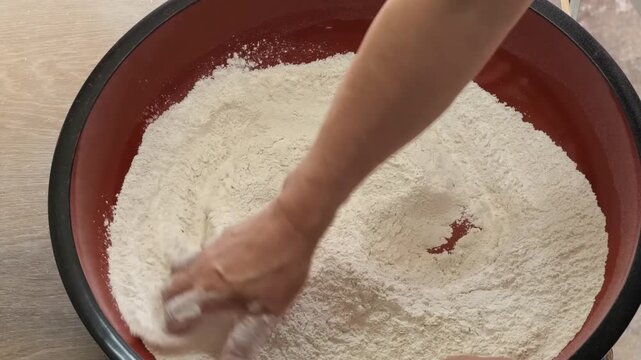 high-angle, close-up shot of a hand mixing a large amount of white flour in a traditional red bowl. This footage captures the initial stages of baking or dough preparation, highlighting the texture of