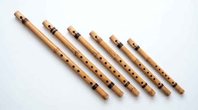 Set of Javanese Suling Flutes Overhead Flat Lay on White Background