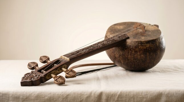 Javanese Rebab String Instrument with Coconut Shell on Cream Background
