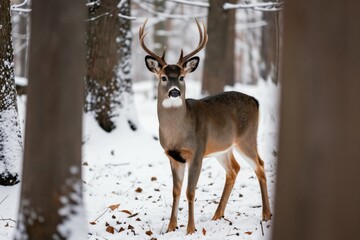 Obraz premium Majestic antlered buck stands alert in a snow covered forest. White tailed deer looks forward on snowy ground with fallen leaves. Wild animal pauses amid winter trees, nature scene.