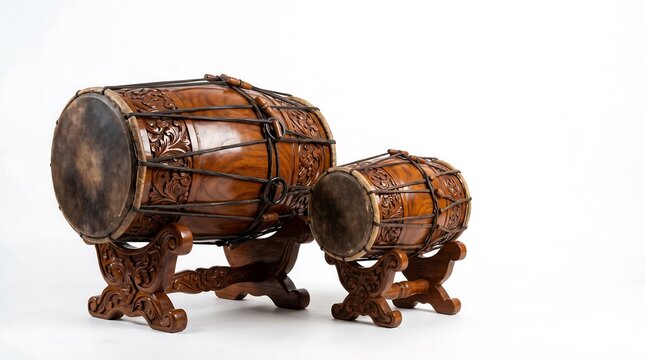 Pair of Javanese Kendang Ageng and Ketipung Drums on White