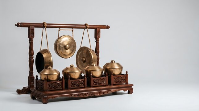 Javanese Kenong and Kempul Gongs on Wooden Platform