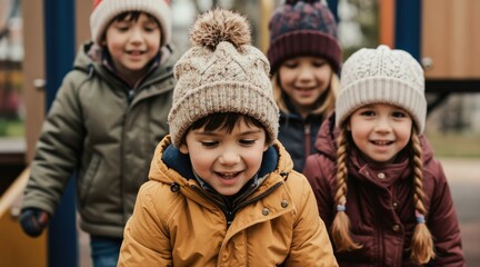 Fototapeta premium Four smiling children wearing winter hats and jackets play together outdoors. Young kids enjoy cold weather fun on playground. Diverse group of happy friends share joyful moments, warm and connected.