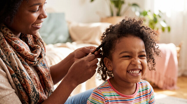 Mother's Day mom daughter braiding hair laughing bonding celebration campaign poster banner social media greeting card design