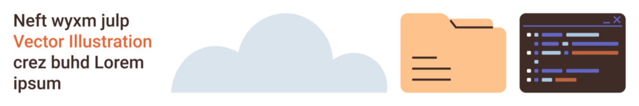 Cloud computing, data storage, programming, file management, IT systems, digital repositories. Image shows a cloud, a file folder and a coding interface. Cloud computing and data storage concepts