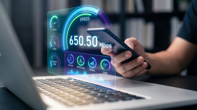 A person is sitting at a desk with a laptop open. They are holding a mobile phone and looking at an internet speed display. The setting shows a home office with shelves in the background