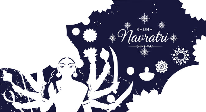Shubh Navratri Goddess Durga Silhouette with Festive Symbols on Dark Blue Background
