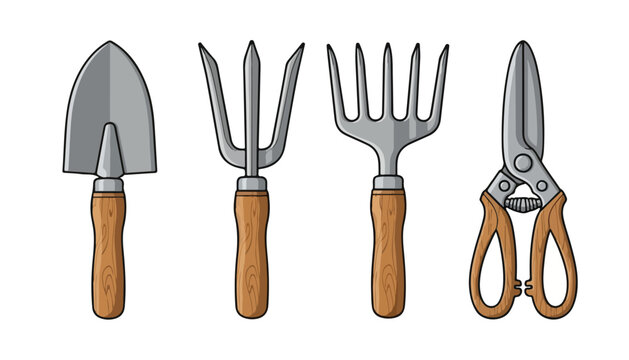 Set of four essential gardening hand tools including a trowel, hand fork, cultivator, and pruning shears with wooden handles.