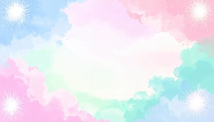 Fototapeta premium Cute Corner Sparkle Burst Background with Glowing Magic Stars on Soft Pastel Rainbow Clouds, Dreamy Kawaii Aesthetic Wallpaper for Fantasy Poster, Sweet Greeting Card, and Magical Design