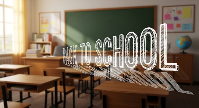 Back to school text overlay on empty classroom background, sunny elementary school room with wooden desks, chalkboard and educational supplies