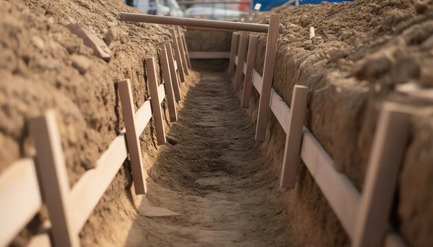 Construction trench with wooden supports, excavation site, digging foundation for building, urban development progress
