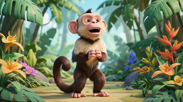 Adorable cartoon monkey with big eyes stands in a lush jungle surrounded by tropical plants and vibrant flowers