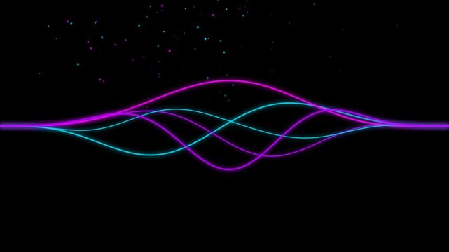 Neon glowing wave lines flowing through a dark background in this smooth and rhythmic digital motion graphic animation video clip